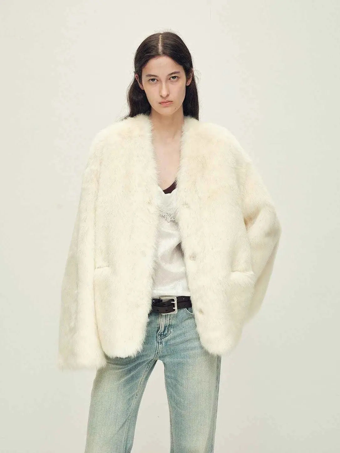 Freezing Point Rum classic white Italian Toscana shearling coat, front styling view