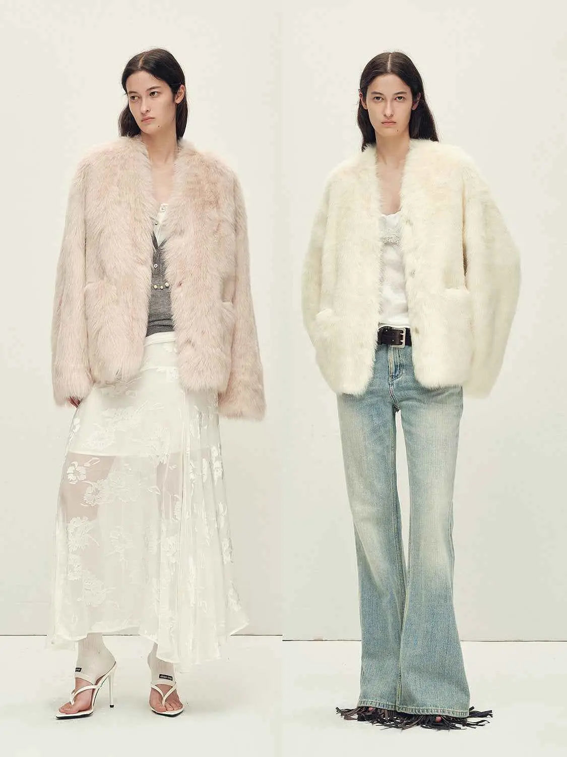 Freezing Point Rum dirty pink and classic white Toscana shearling coat comparison