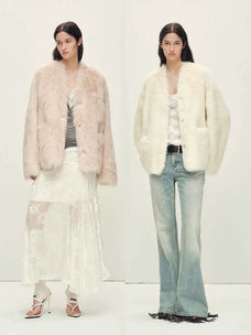 Freezing Point Rum dirty pink and classic white Toscana shearling coat comparison