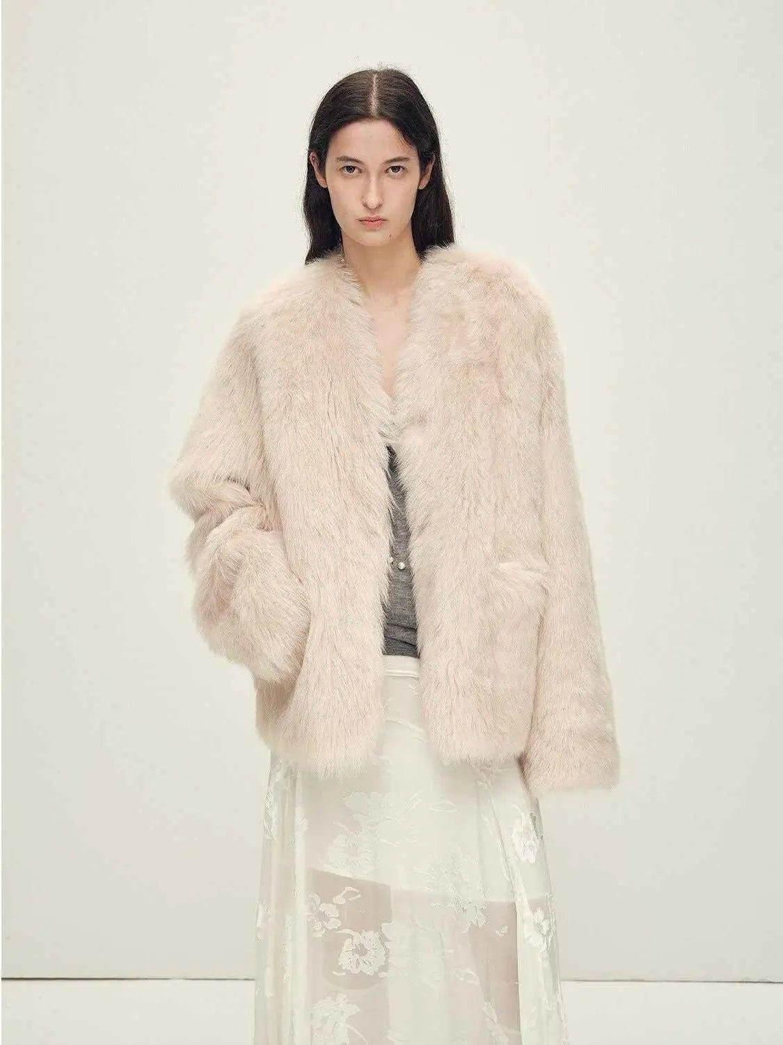Freezing Point Rum dirty pink Italian Toscana shearling coat, front styling view