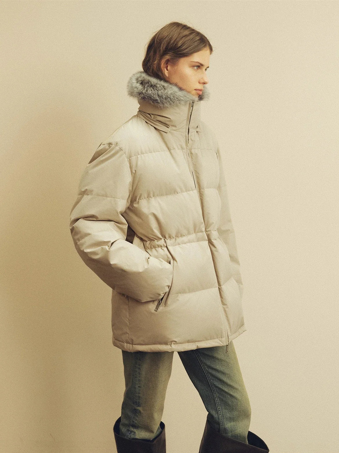 Firelady Frost Wild light apricot down parka outfit view