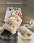 Milk tea rex rabbit fur fingerless gloves worn on hand - Fireladyfur