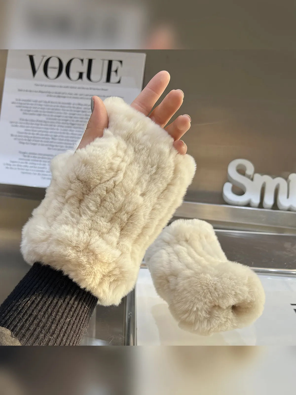 Creamy white rex rabbit fur fingerless gloves worn on hand - Fireladyfur