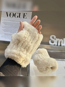 Creamy white rex rabbit fur fingerless gloves worn on hand - Fireladyfur