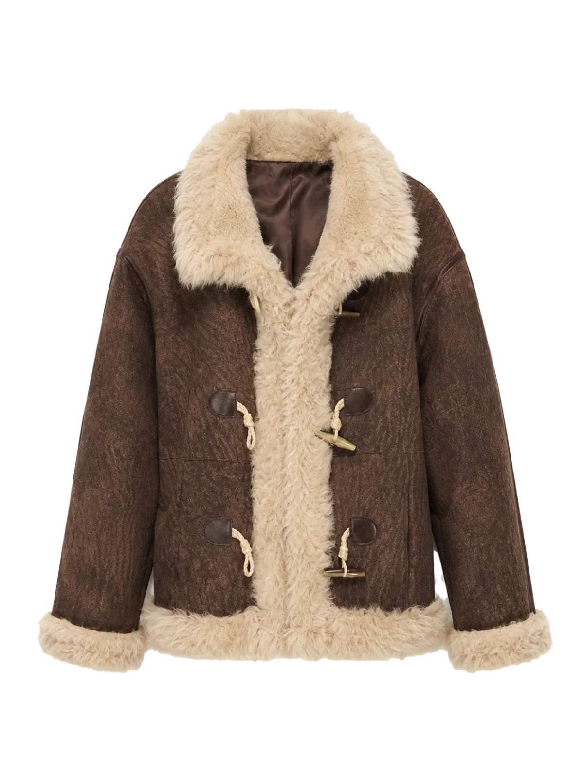 Galaxy Gala fog brown Merino shearling coat with curly Toca shawl collar, front product view