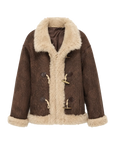 Galaxy Gala fog brown Merino shearling coat with curly Toca shawl collar, front product view