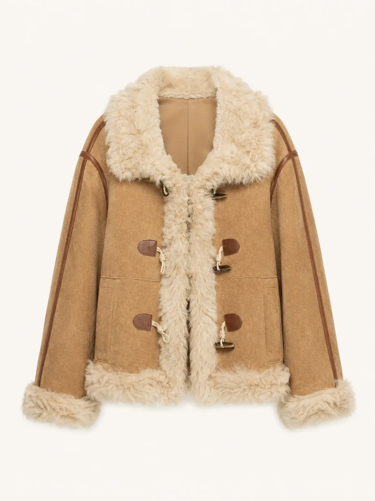 Galaxy Gala tortoiseshell yellow Merino shearling coat with curly Toca shawl collar, front product view