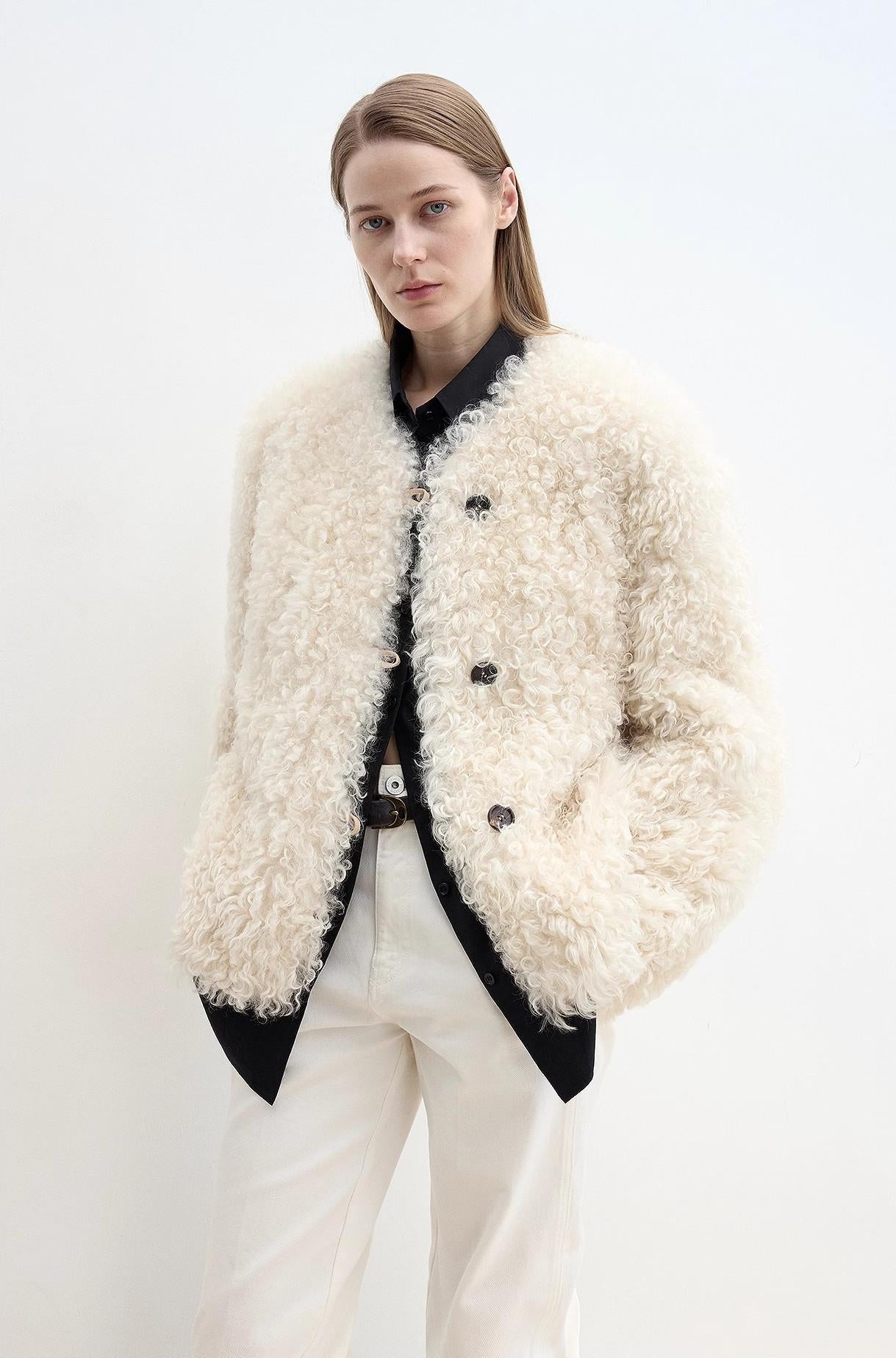 "Ghost Horse Girl" merino curly sweetheart collar straight fur coat - variant_title