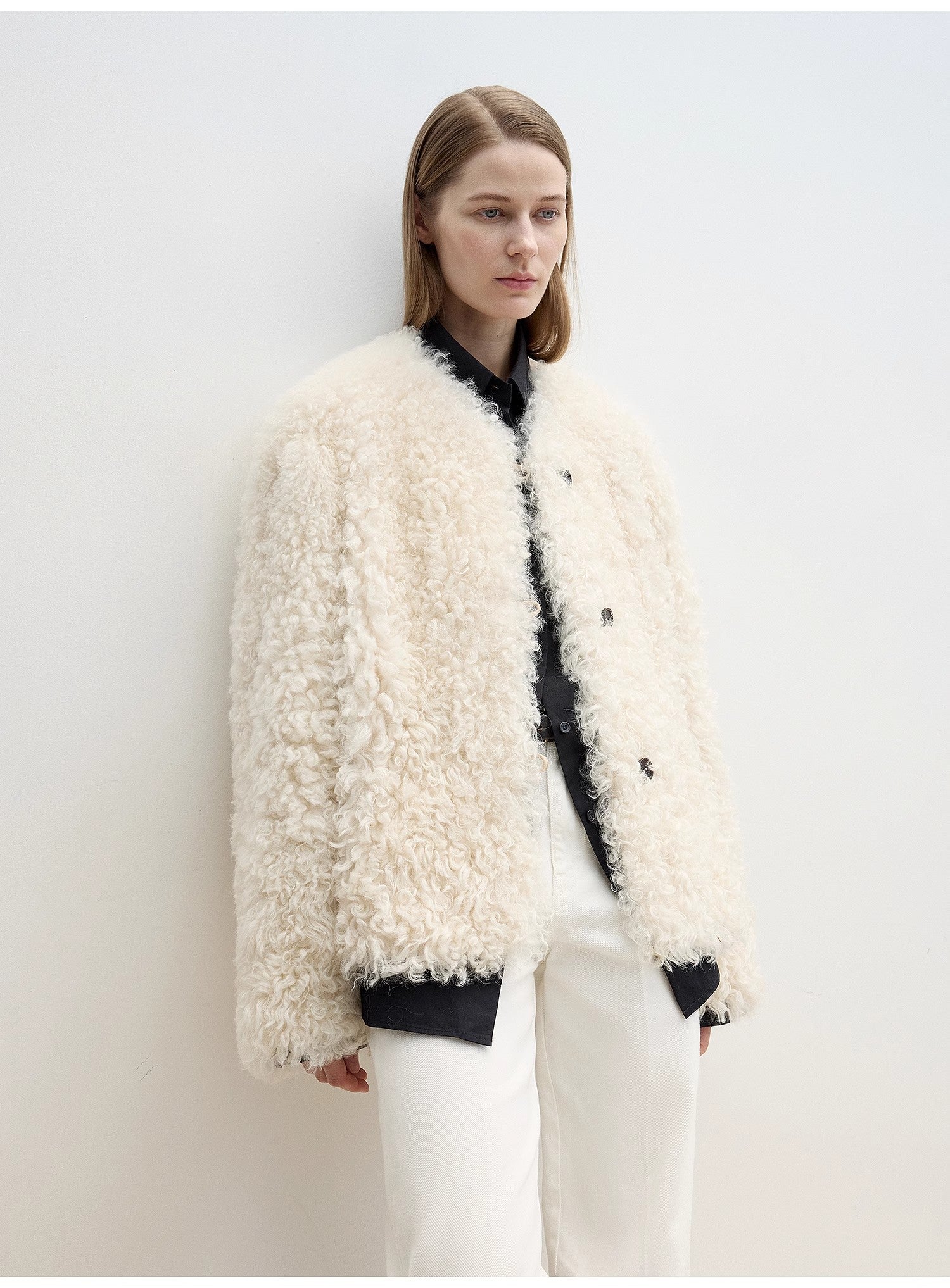 "Ghost Horse Girl" merino curly sweetheart collar straight fur coat - variant_title