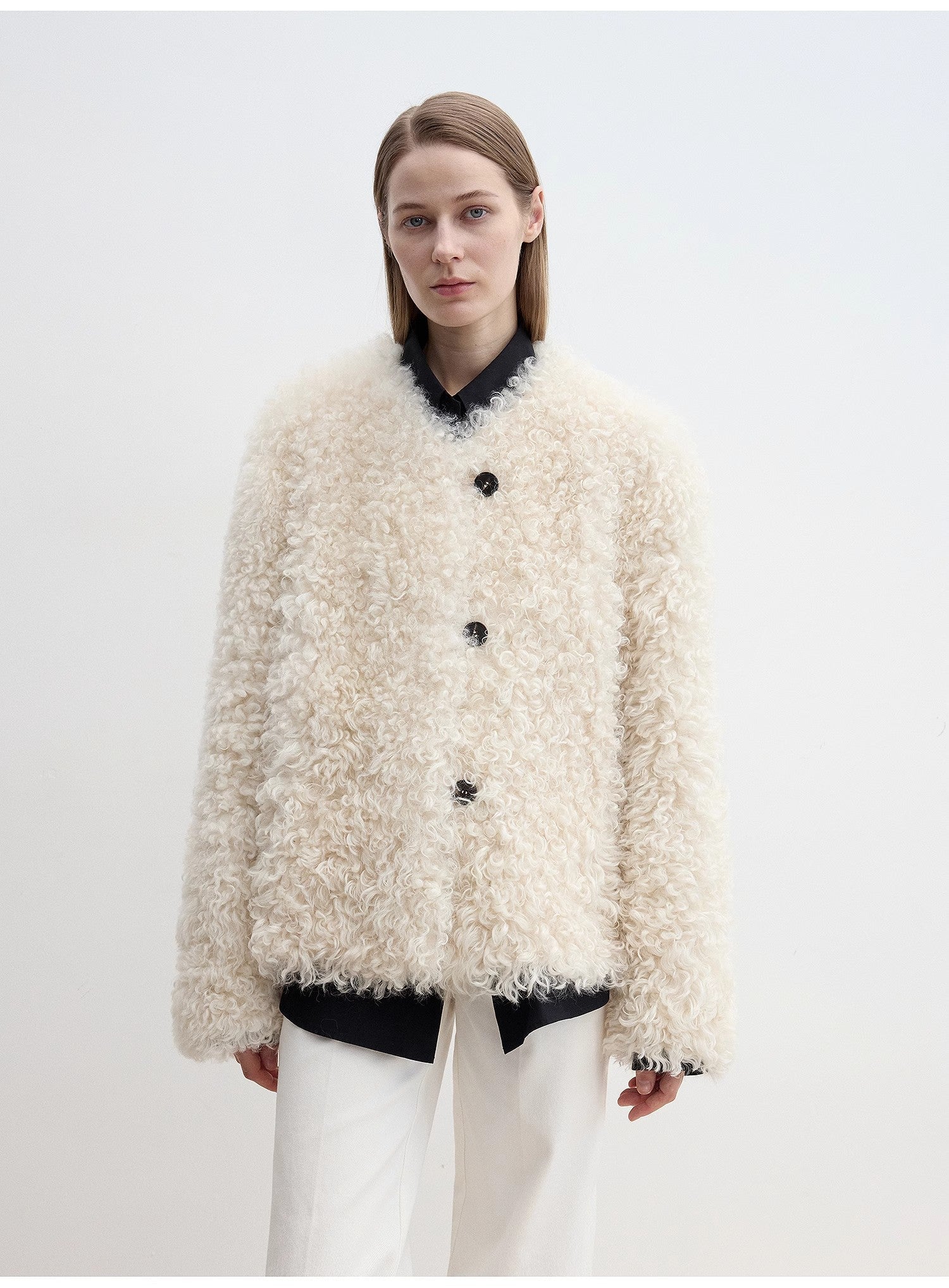 "Ghost Horse Girl" merino curly sweetheart collar straight fur coat - variant_title