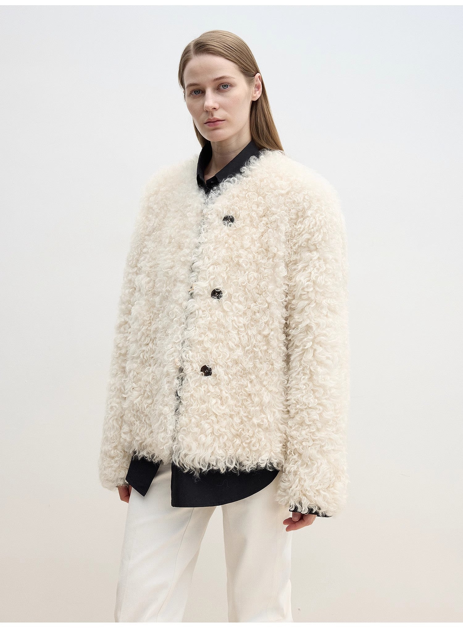 "Ghost Horse Girl" merino curly sweetheart collar straight fur coat - variant_title