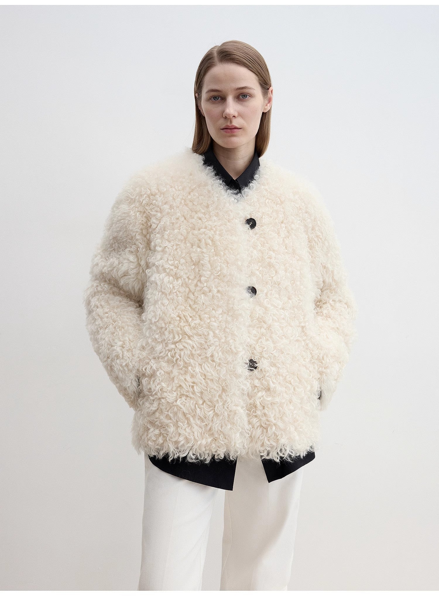 "Ghost Horse Girl" merino curly sweetheart collar straight fur coat - variant_title
