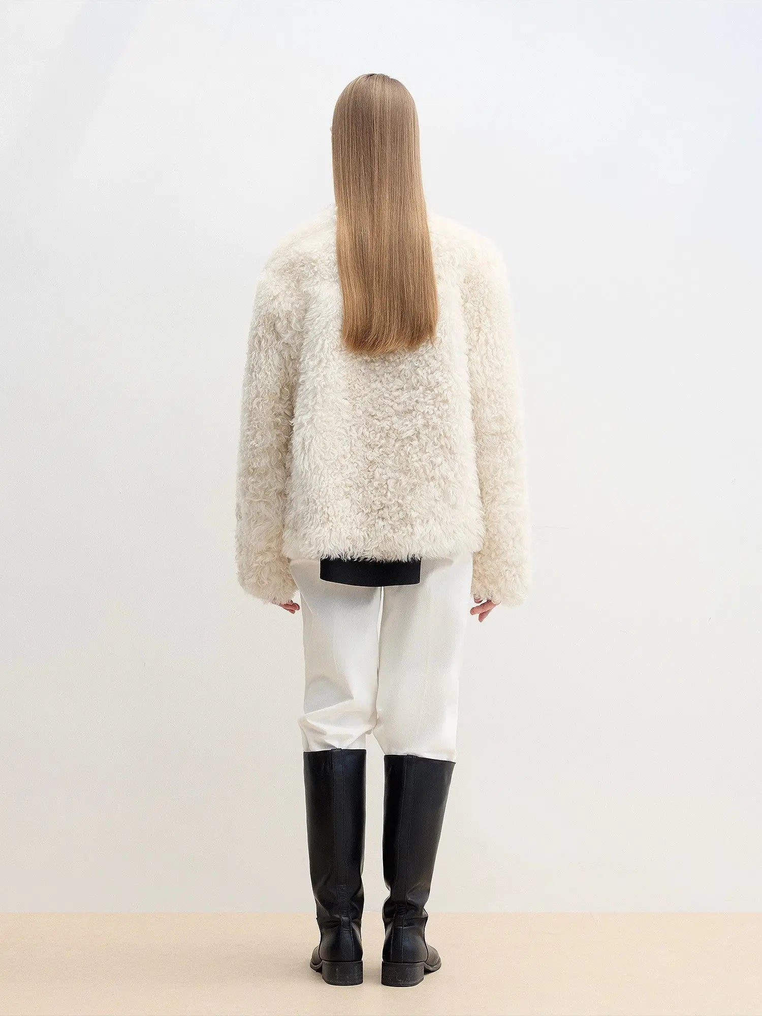 Ghost Horse Girl off-white curly shearling coat, back view