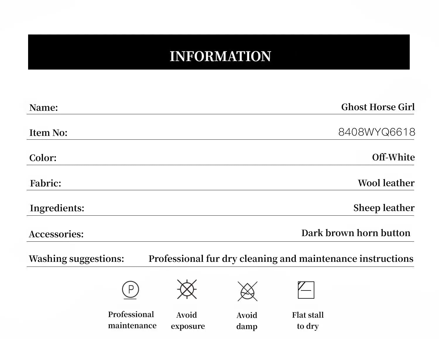 Ghost Horse Girl Merino curly shearling coat materials and care information