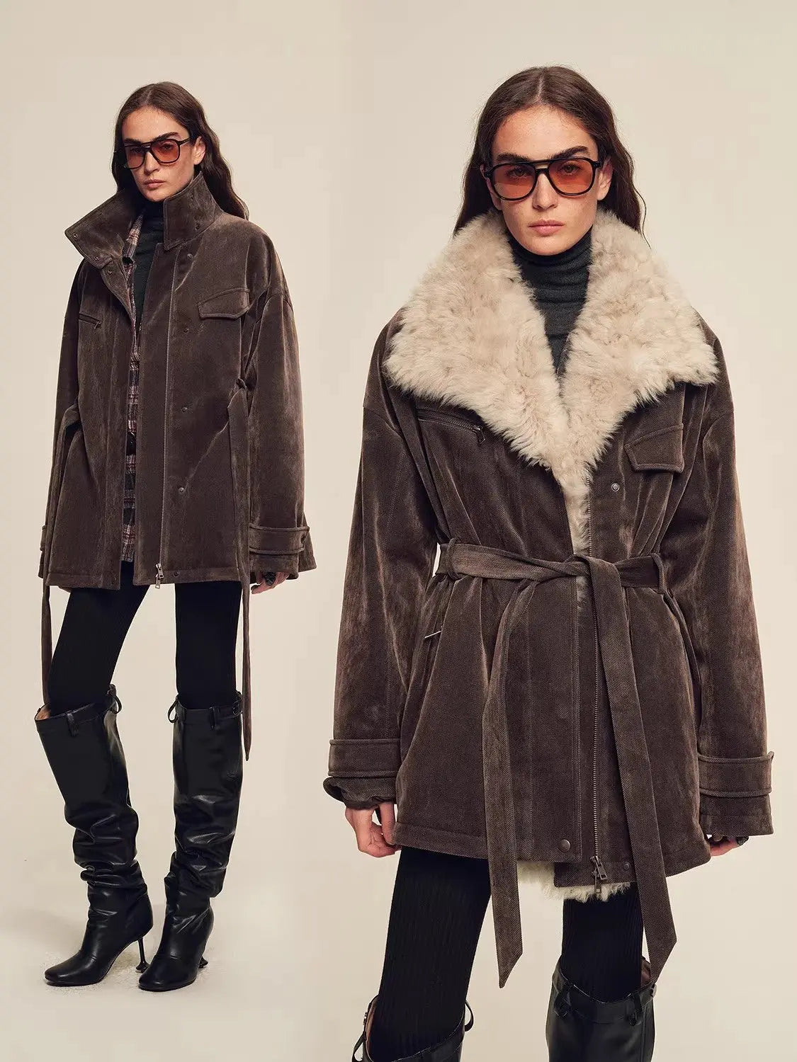 Firelady Fur Glacier Traveler dark brown belted parka styled front and side views