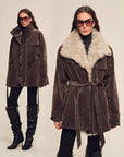 Firelady Fur Glacier Traveler dark brown belted parka styled front and side views