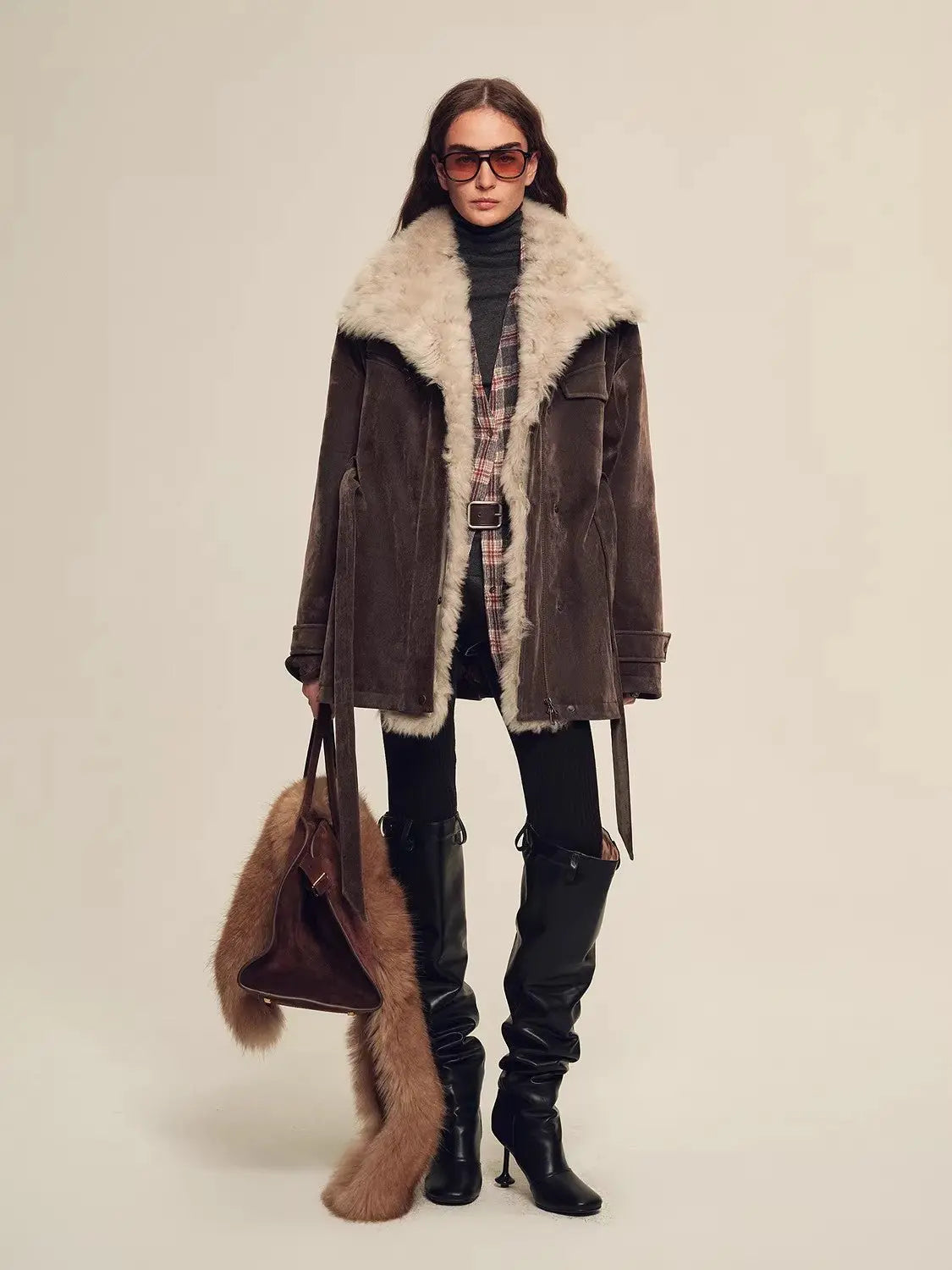 Firelady Fur Glacier Traveler dark brown Toscana shearling parka full-length styling view