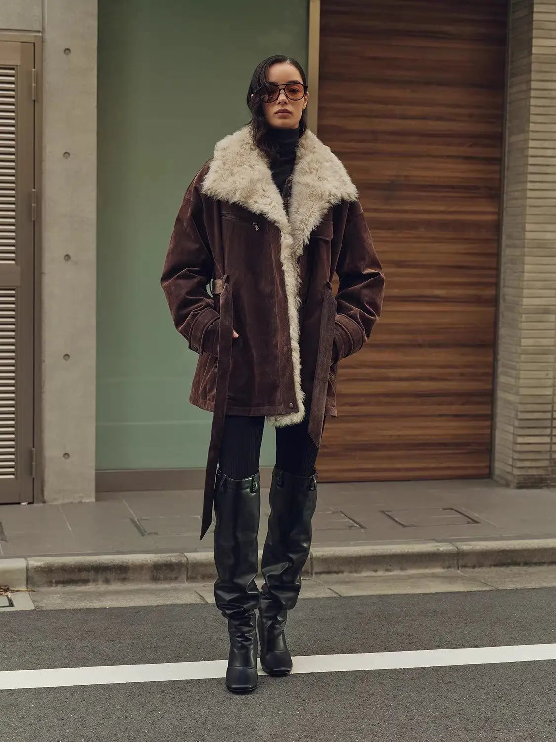 Firelady Fur Glacier Traveler dark brown Toscana shearling parka outdoor full-body view