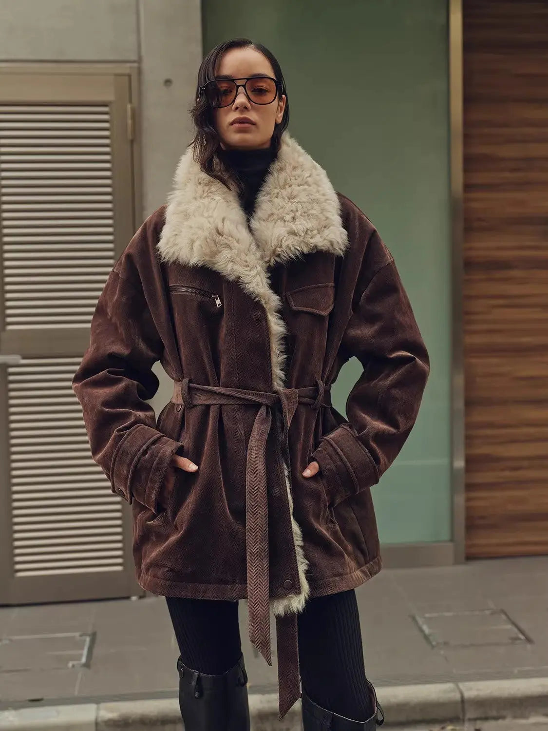 Firelady Fur Glacier Traveler dark brown belted Toscana shearling parka outdoor view
