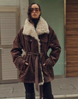 Firelady Fur Glacier Traveler dark brown belted Toscana shearling parka outdoor view