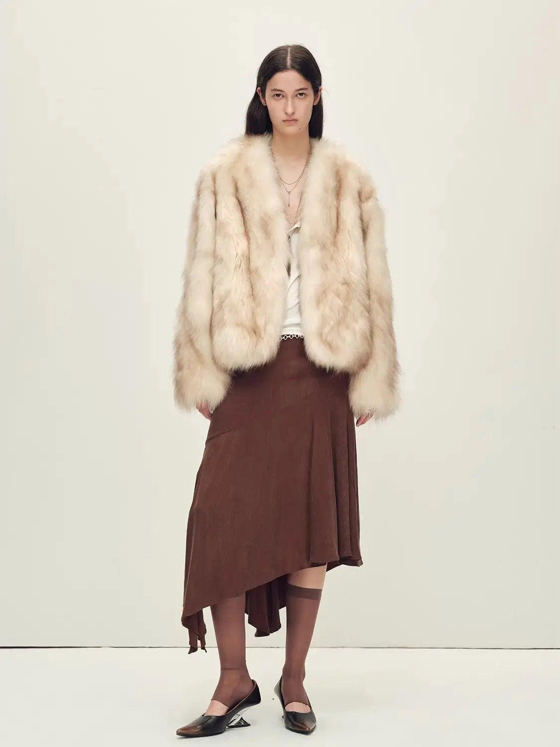 Gone with the Wind Apricot Brown fox fur jacket, full-length model view