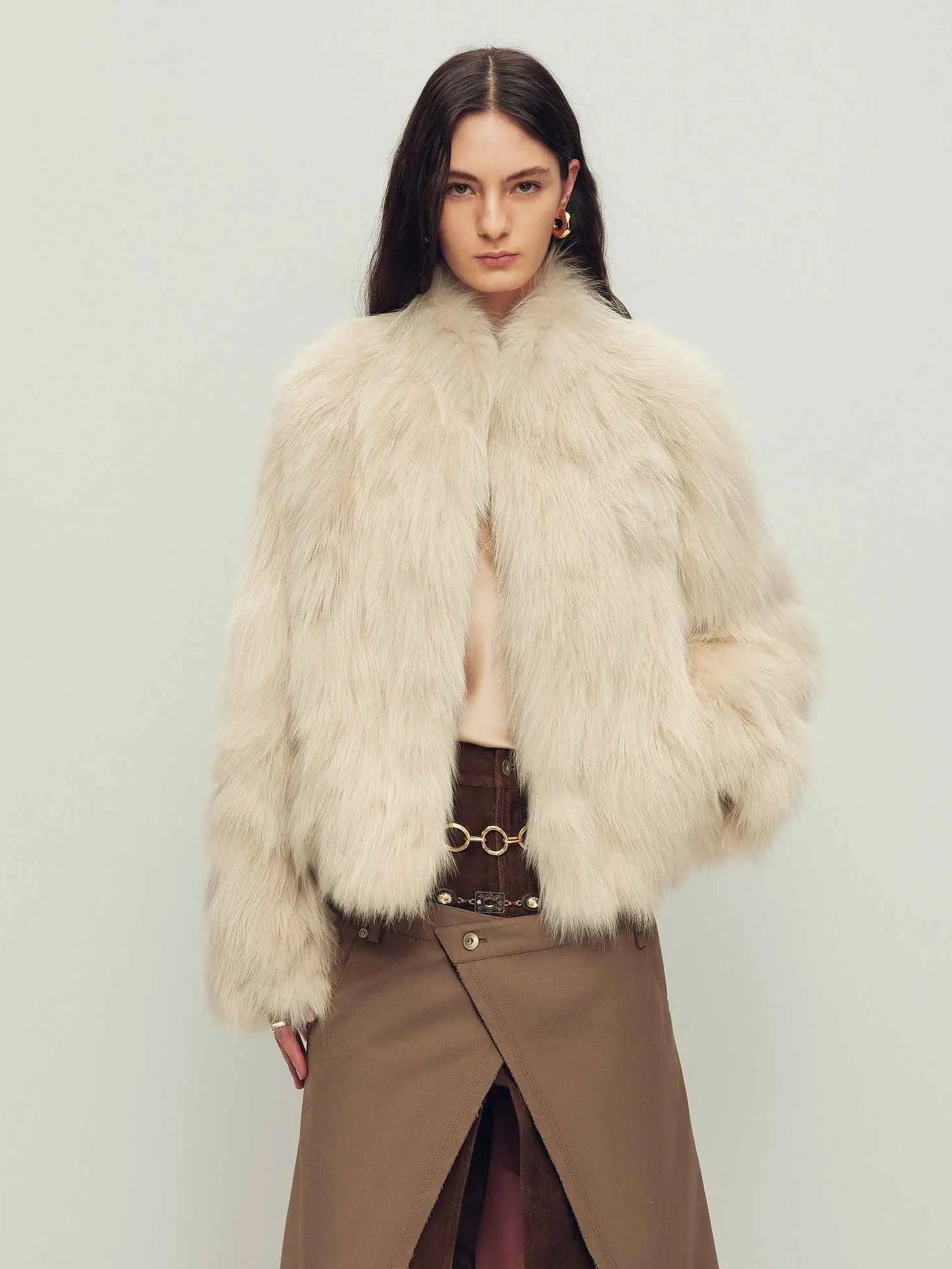 Model wearing Grace Champs-Élysées Apricot fox fur coat, front view