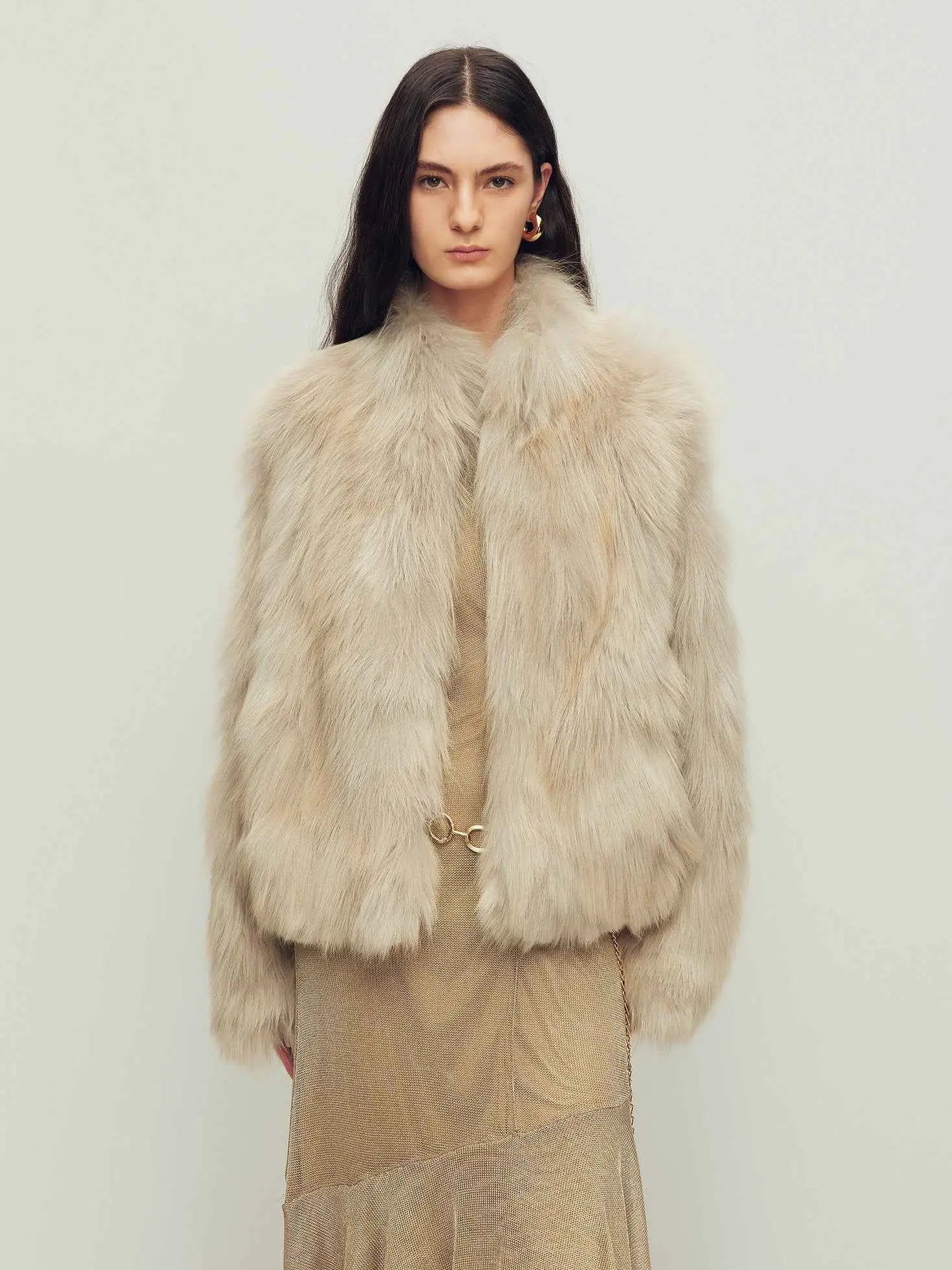 Model wearing Grace Champs-Élysées Beige fox fur coat, front view