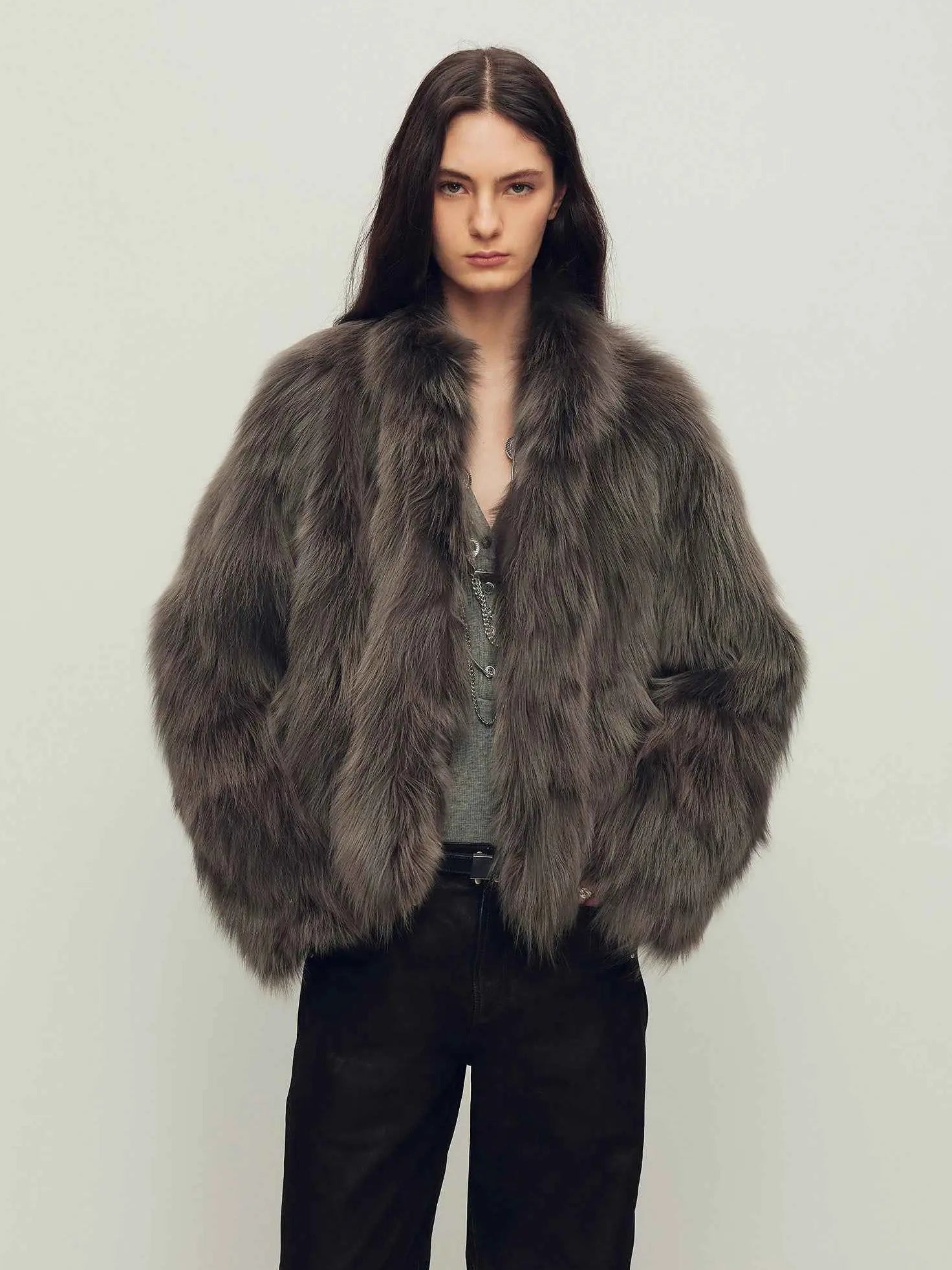 Model wearing Grace Champs-Élysées Gray-Green fox fur coat, front view