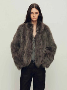 Model wearing Grace Champs-Élysées Gray-Green fox fur coat, front view