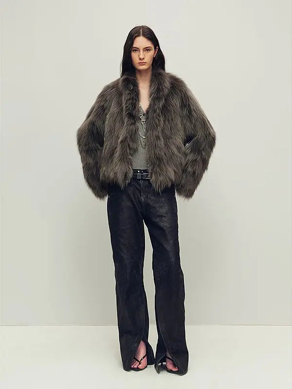 Grace Champs-Élysées Gray-Green fox fur coat, full-length model view