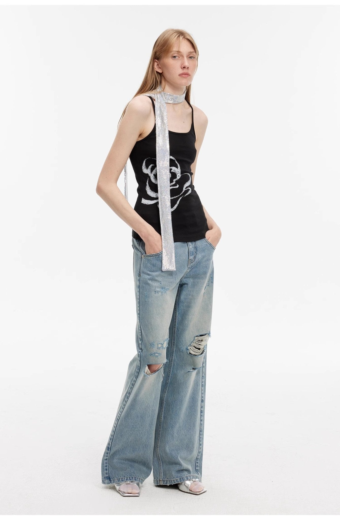 "Gray and Denim" stylish and personalized Turkish washed retro distressed holes straight flared jeans - variant_title