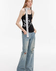 "Gray and Denim" stylish and personalized Turkish washed retro distressed holes straight flared jeans - variant_title