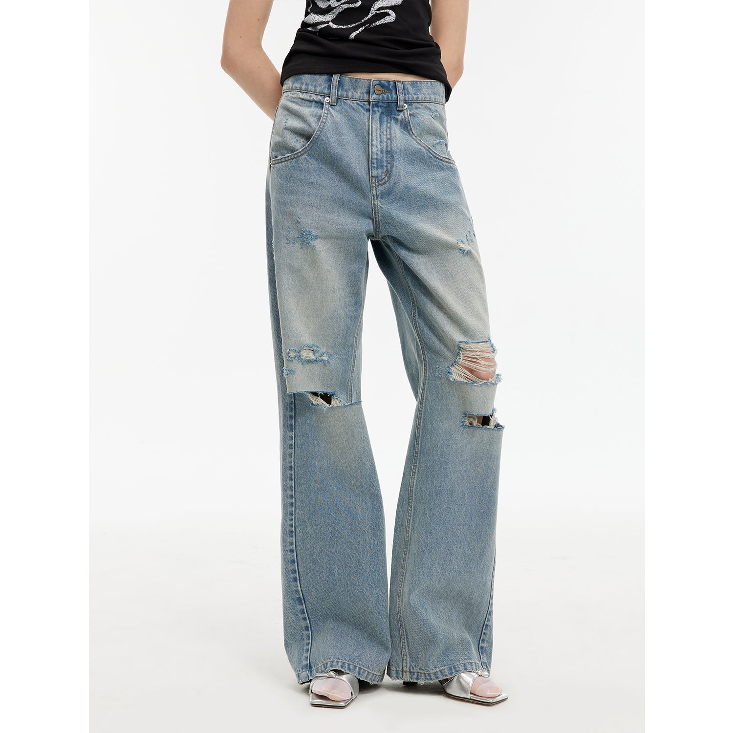 "Gray and Denim" stylish and personalized Turkish washed retro distressed holes straight flared jeans - variant_title