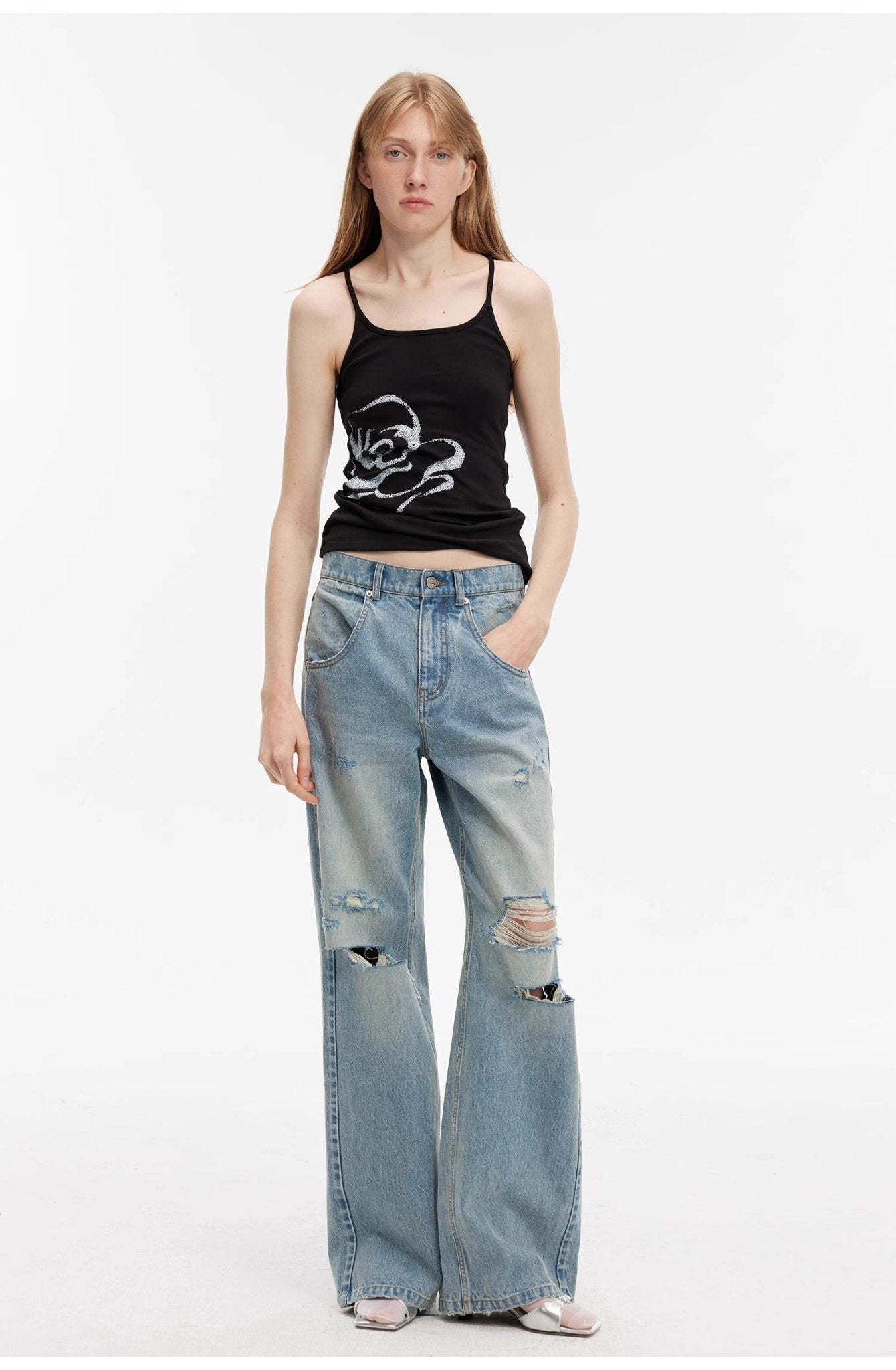 "Gray and Denim" stylish and personalized Turkish washed retro distressed holes straight flared jeans - variant_title