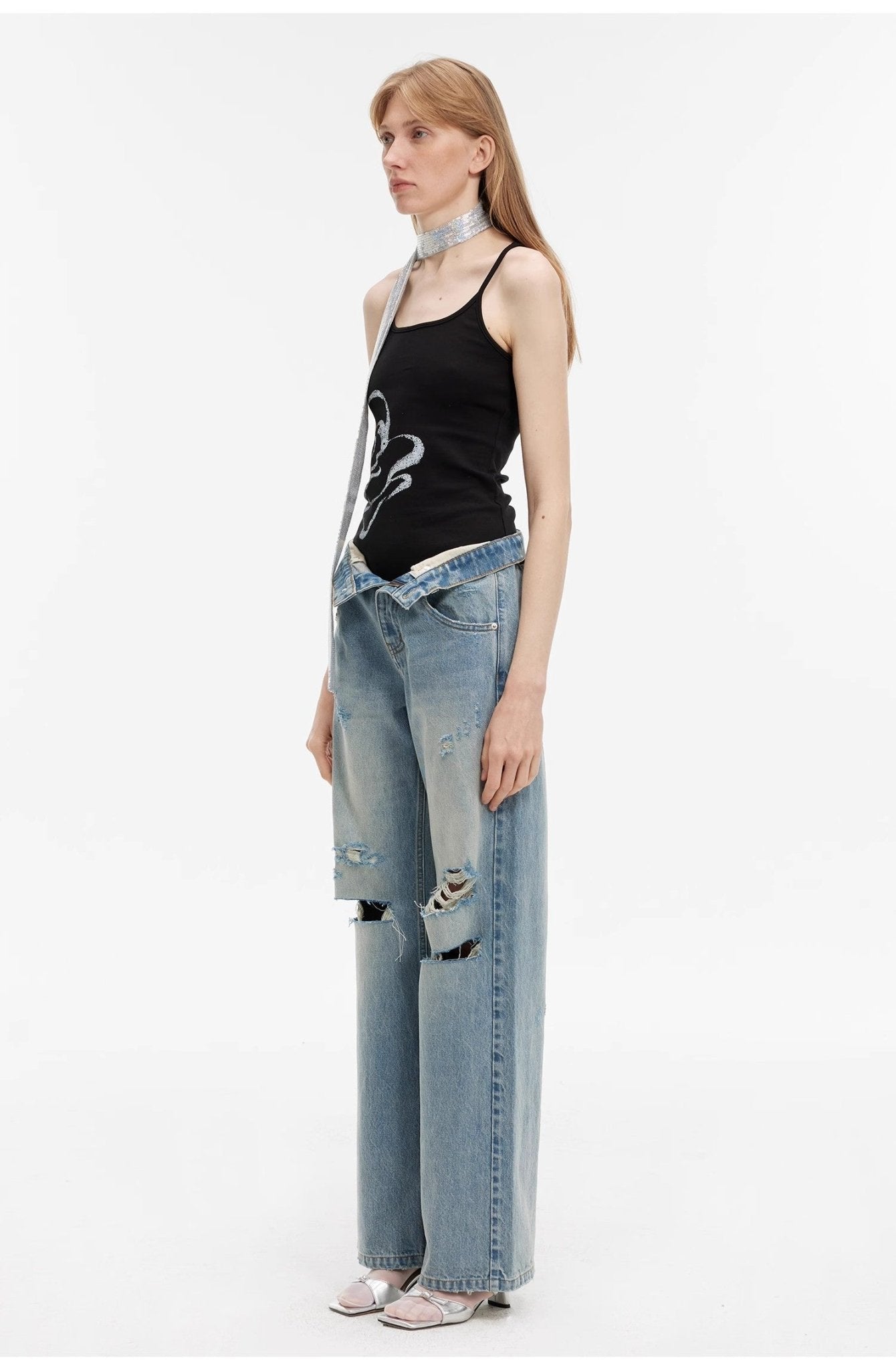 "Gray and Denim" stylish and personalized Turkish washed retro distressed holes straight flared jeans - variant_title