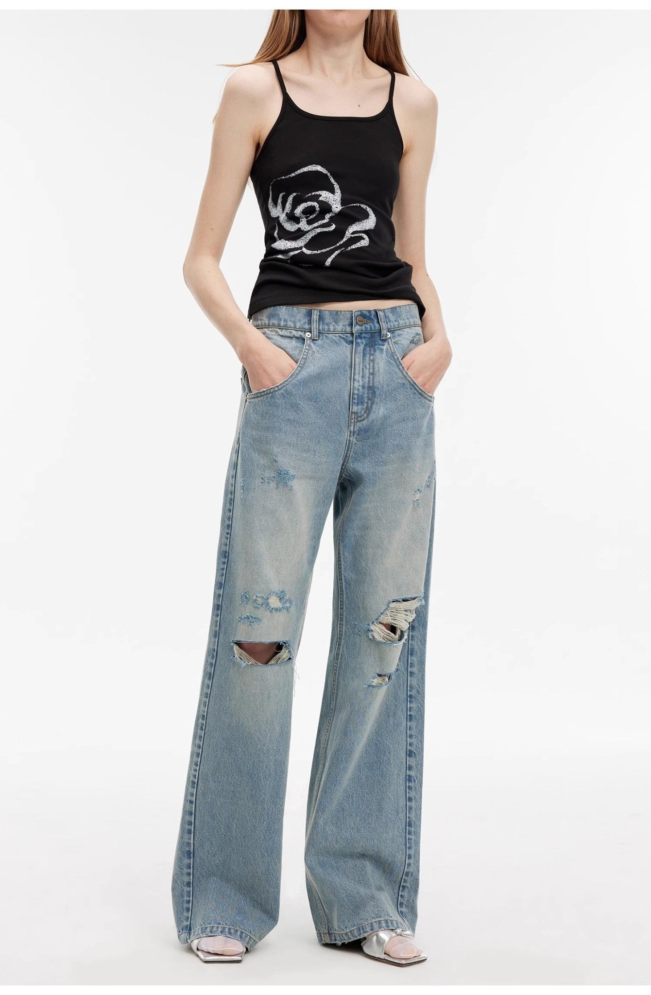"Gray and Denim" stylish and personalized Turkish washed retro distressed holes straight flared jeans - variant_title