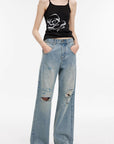 "Gray and Denim" stylish and personalized Turkish washed retro distressed holes straight flared jeans - variant_title
