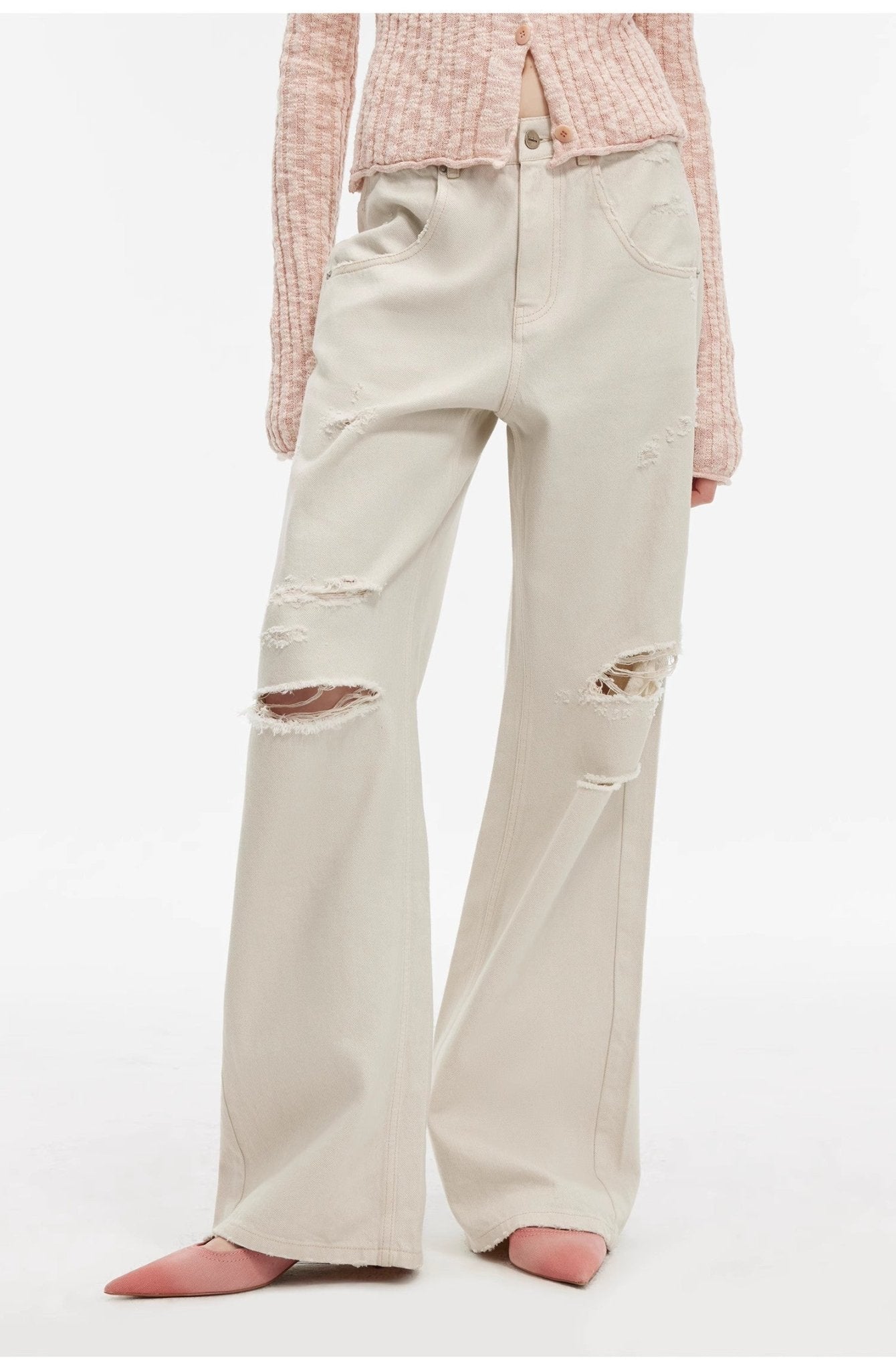 "Gray and Denim" stylish and personalized Turkish washed retro distressed holes straight flared jeans - variant_title