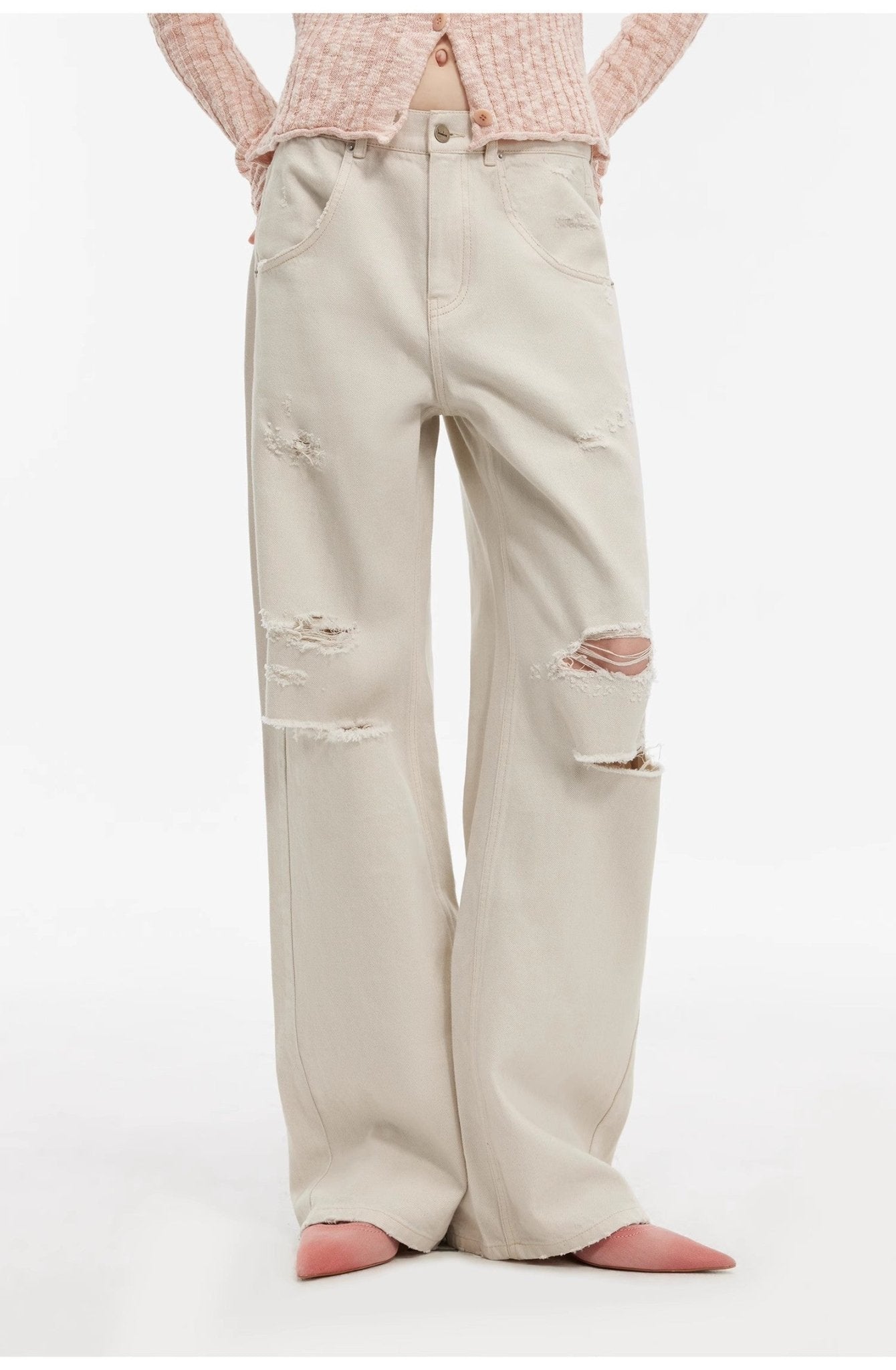 "Gray and Denim" stylish and personalized Turkish washed retro distressed holes straight flared jeans - variant_title
