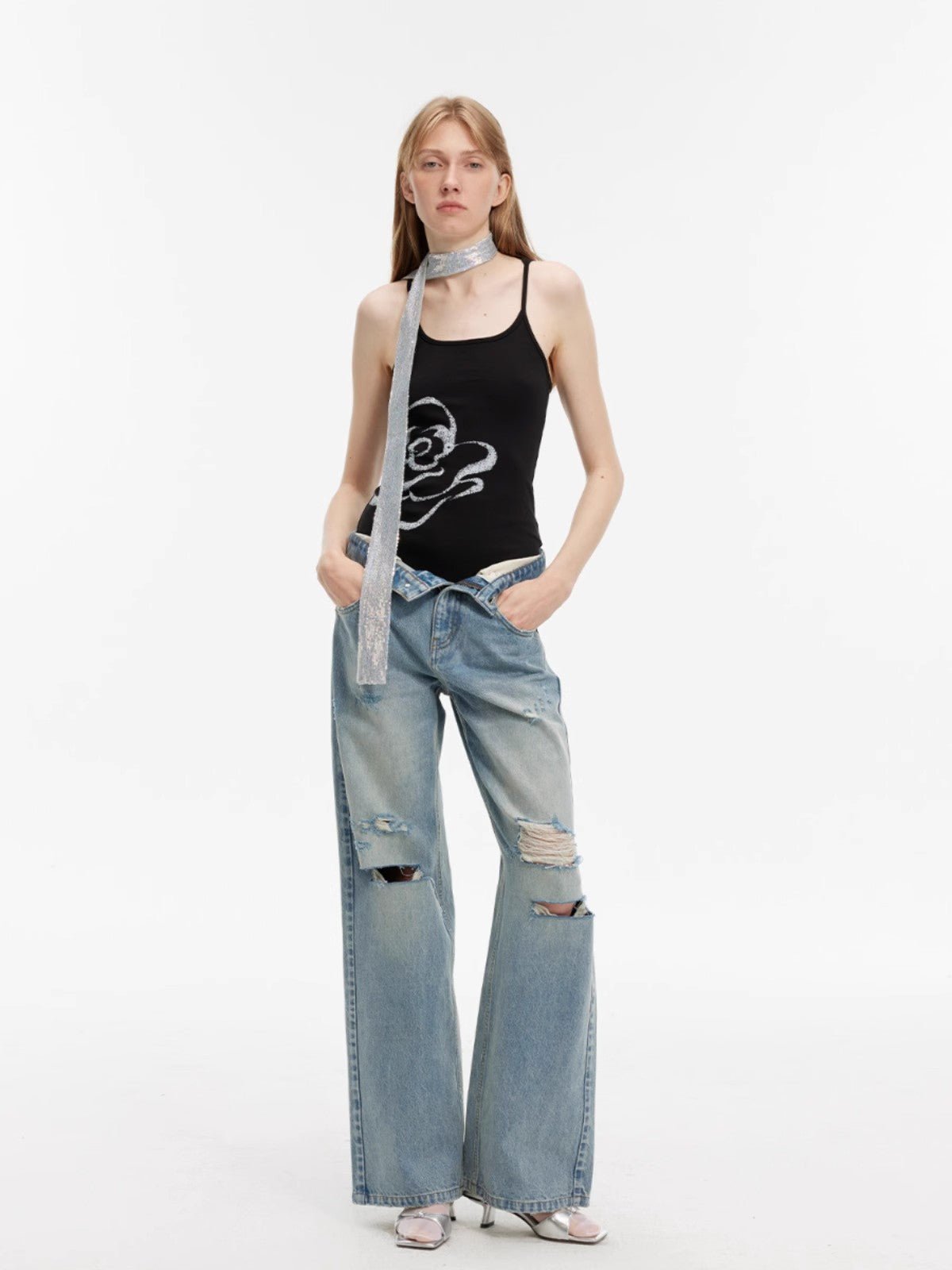 "Gray and Denim" stylish and personalized Turkish washed retro distressed holes straight flared jeans - variant_title
