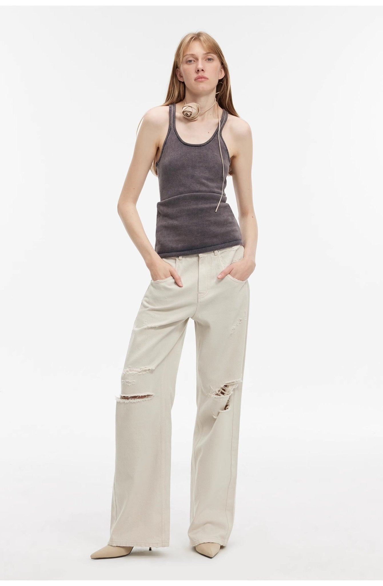 "Gray and Denim" stylish and personalized Turkish washed retro distressed holes straight flared jeans - variant_title