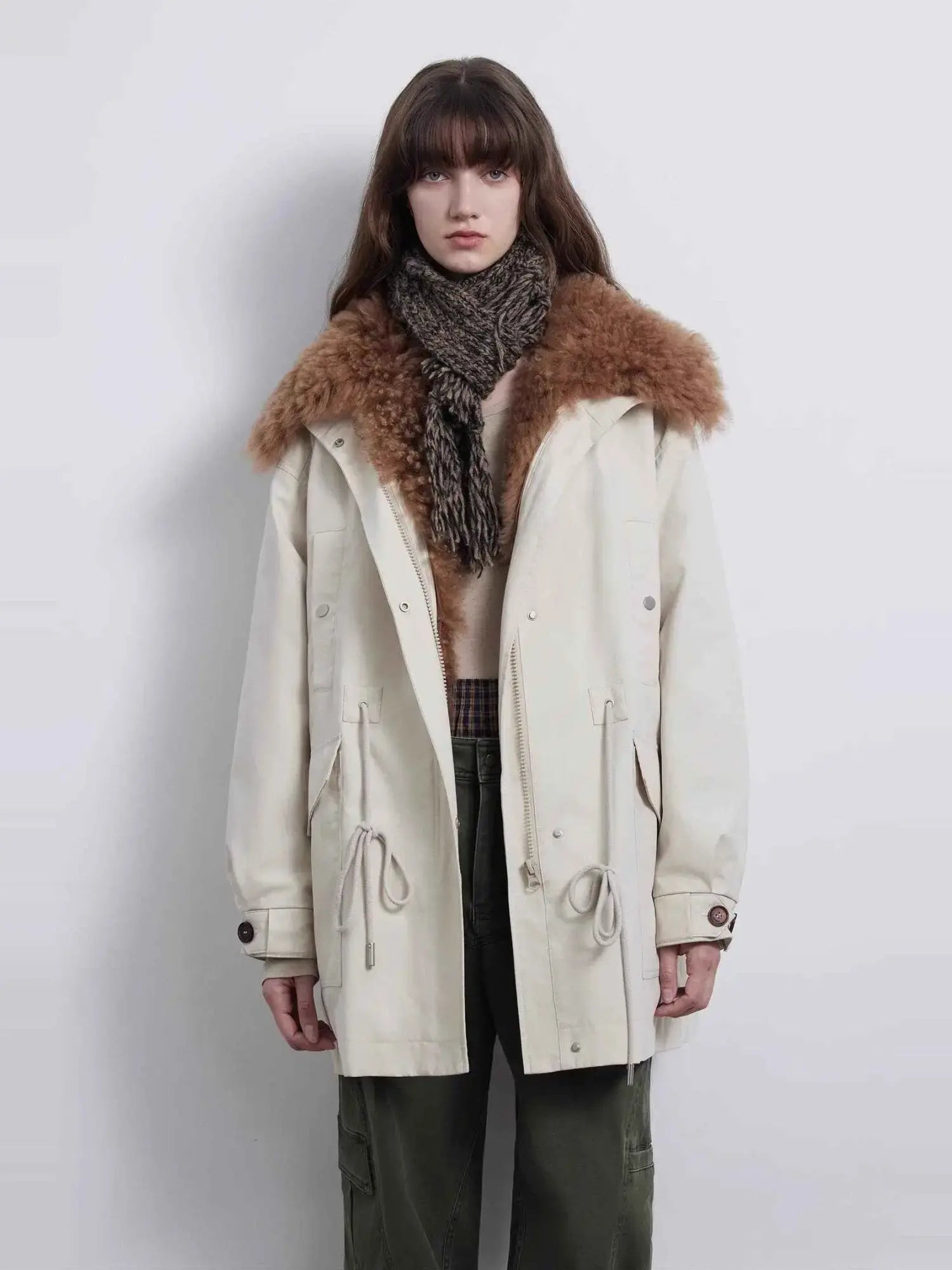 Firelady Fur Green Mile Miracle beige parka with brown Toscana shearling collar front view