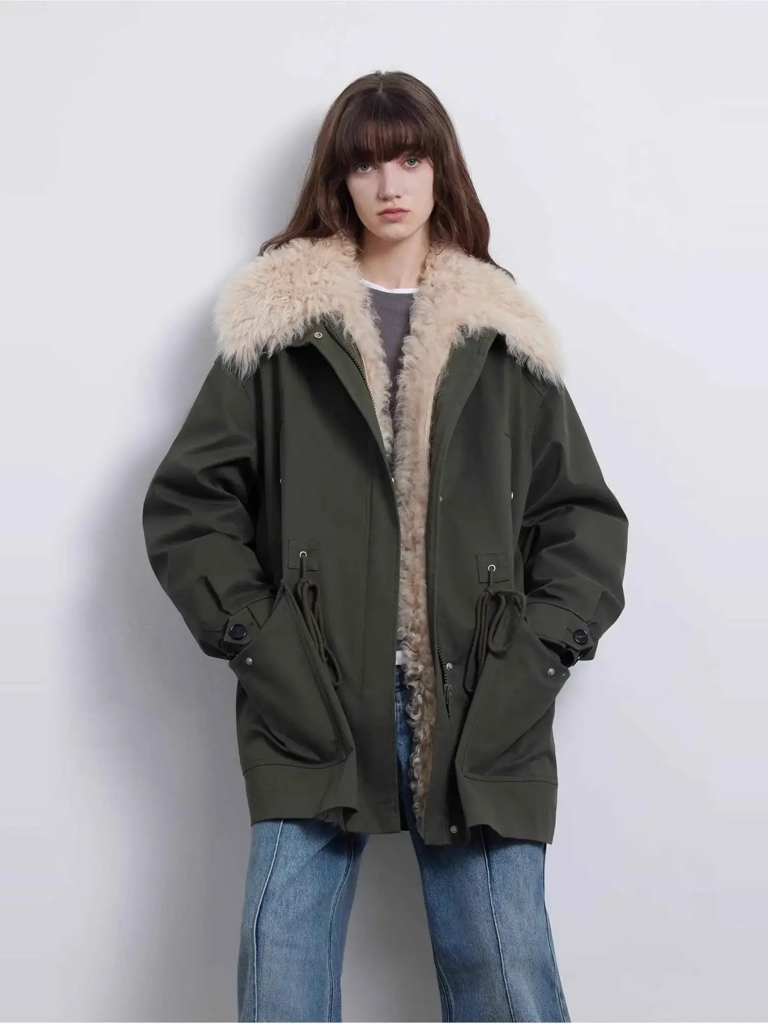 Firelady Fur Green Mile Miracle army green goose down parka with Toscana shearling collar
