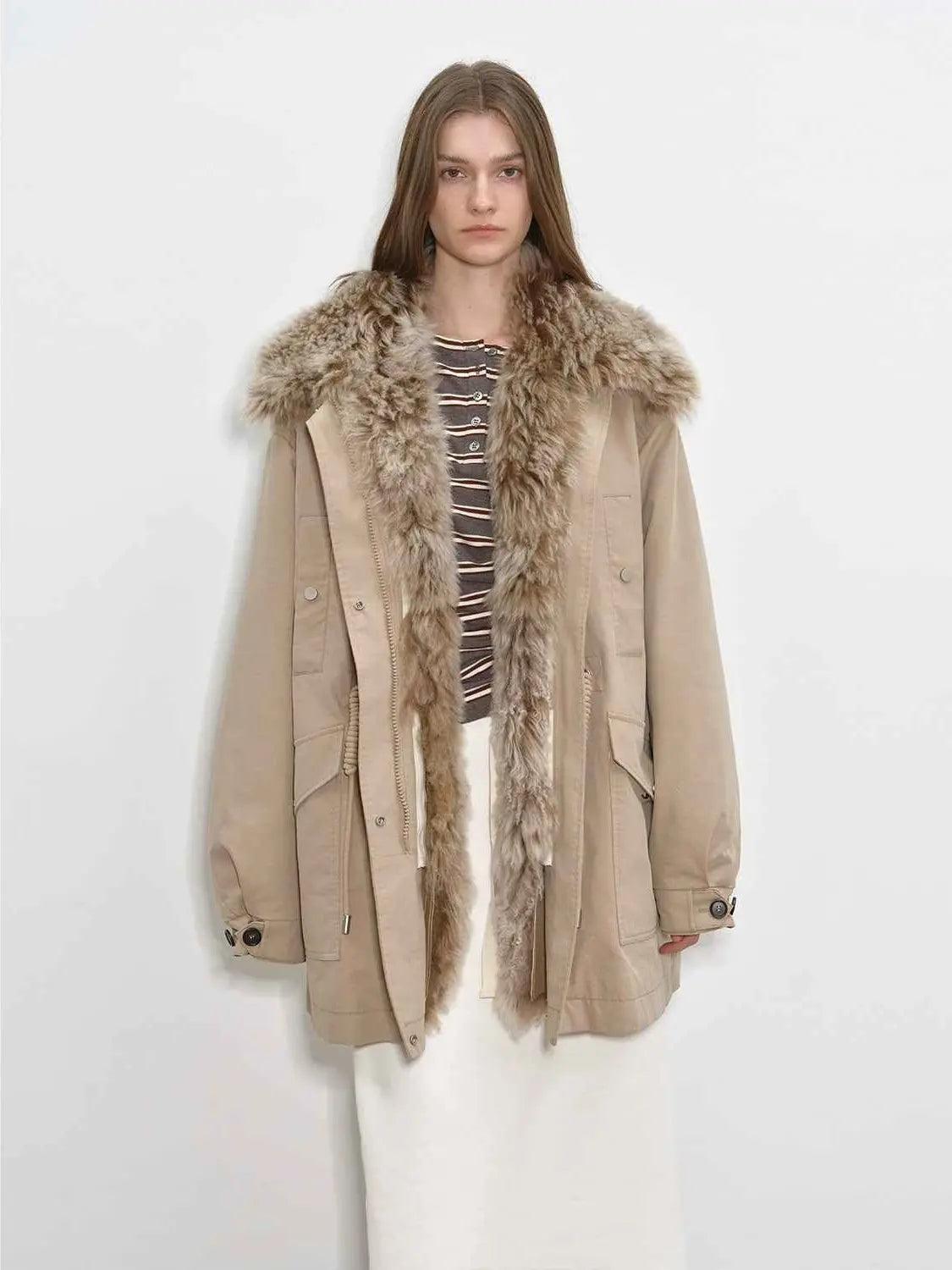Firelady Fur Green Mile Miracle soft light khaki parka with gray Toscana shearling collar