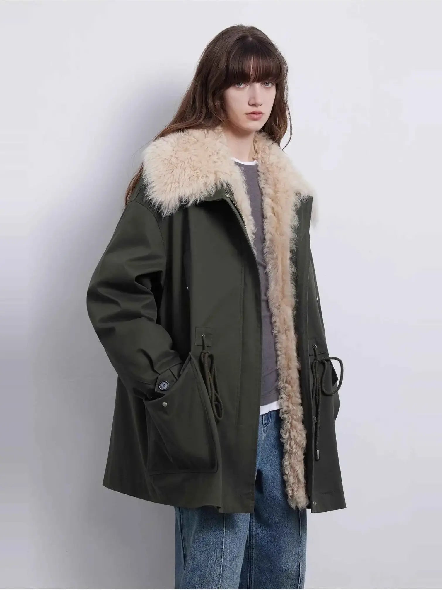 Firelady Fur Green Mile Miracle army green Toscana shearling parka three-quarter view