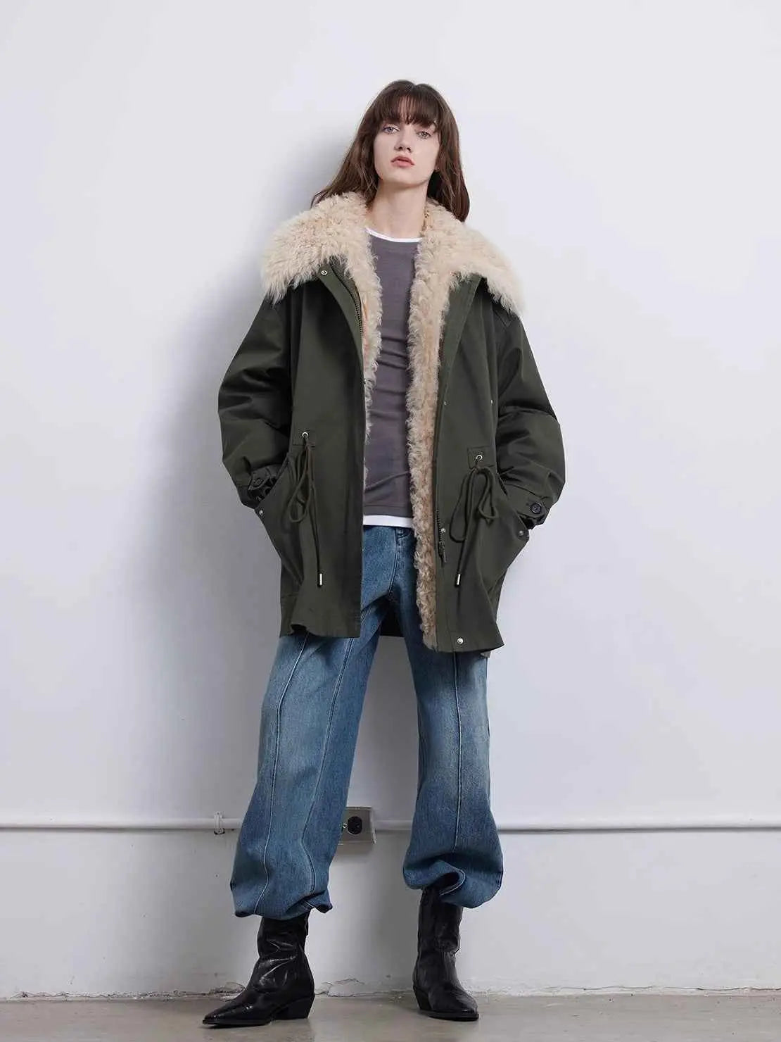 Firelady Fur Green Mile Miracle army green goose down parka styled full-body view