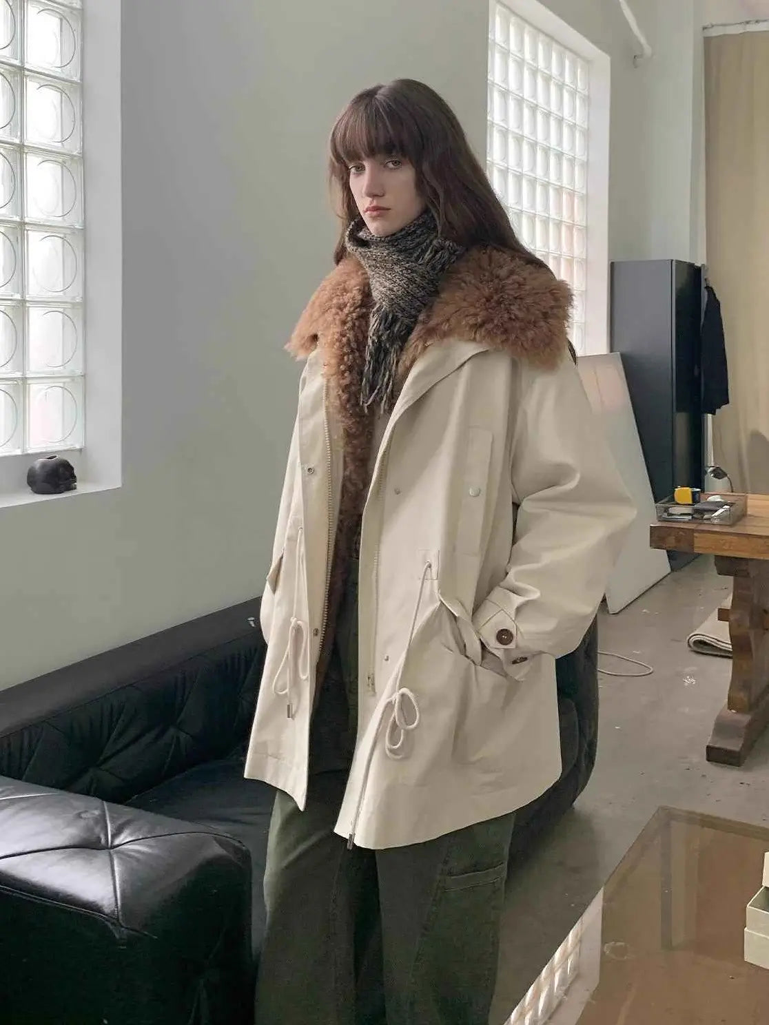 Firelady Fur Green Mile Miracle beige parka with brown Toscana collar indoor view