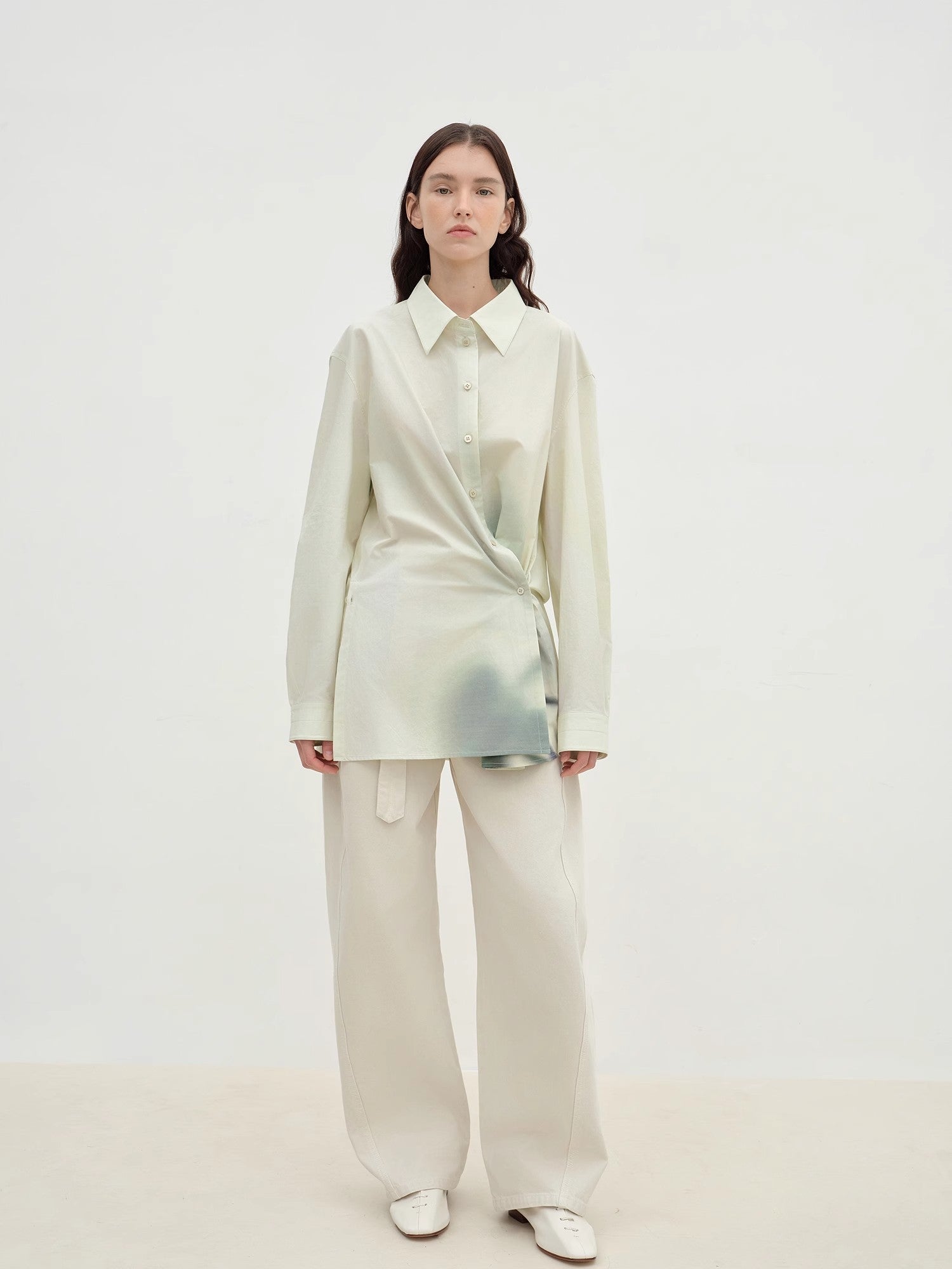"Green Time" lapel side slit two - wear cotton printed shirt - variant_title
