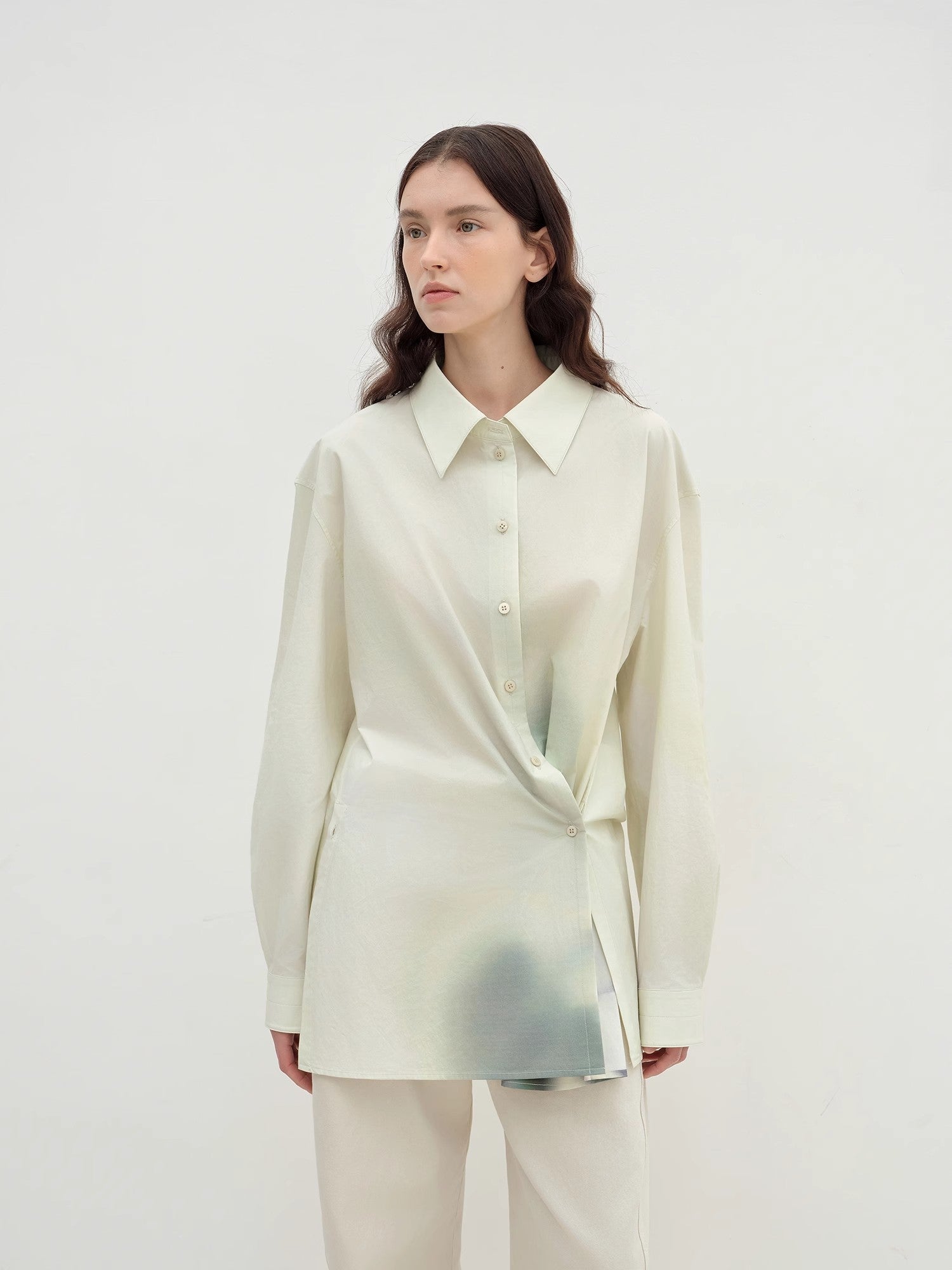 "Green Time" lapel side slit two - wear cotton printed shirt - variant_title