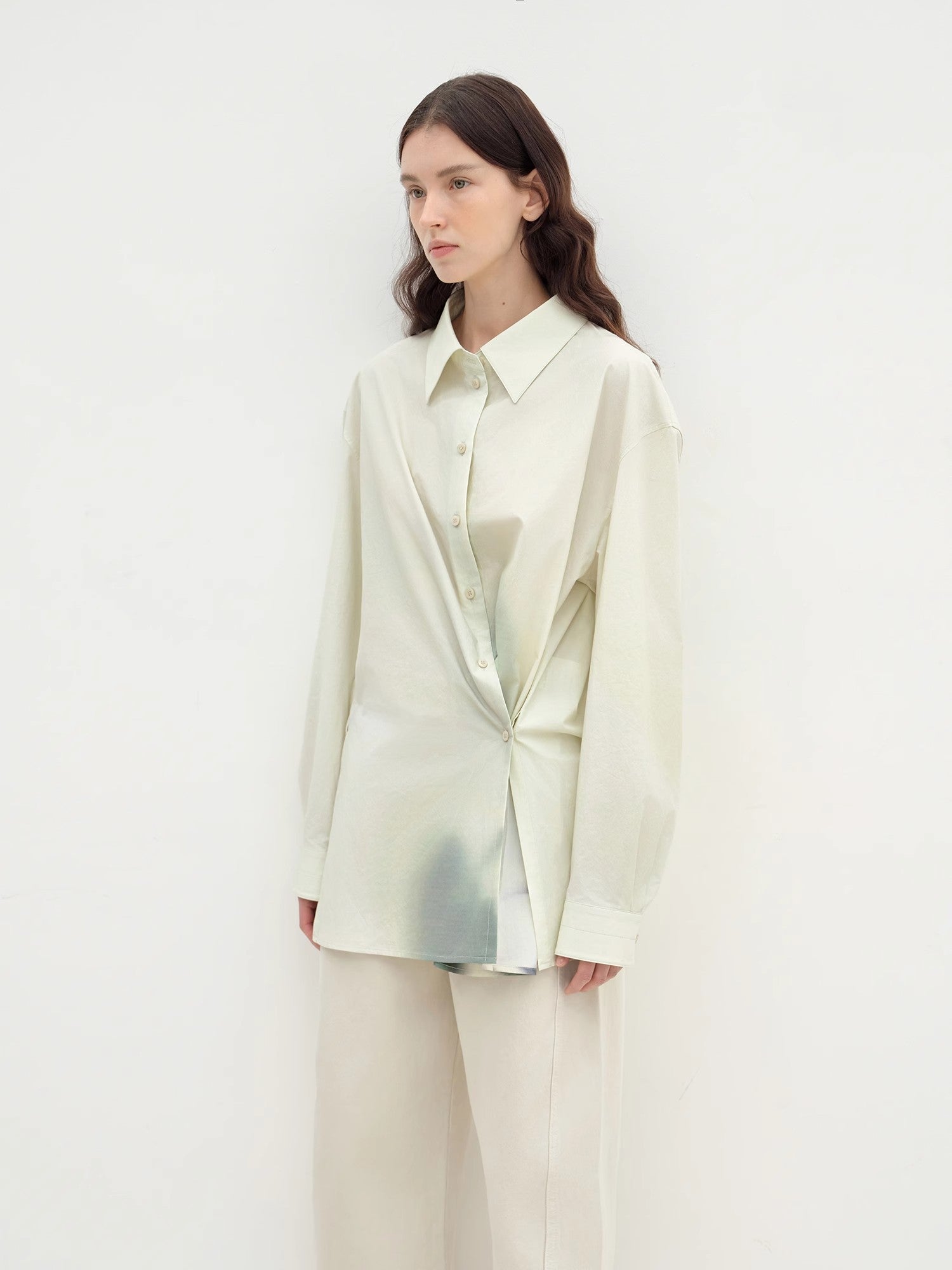 "Green Time" lapel side slit two - wear cotton printed shirt - variant_title